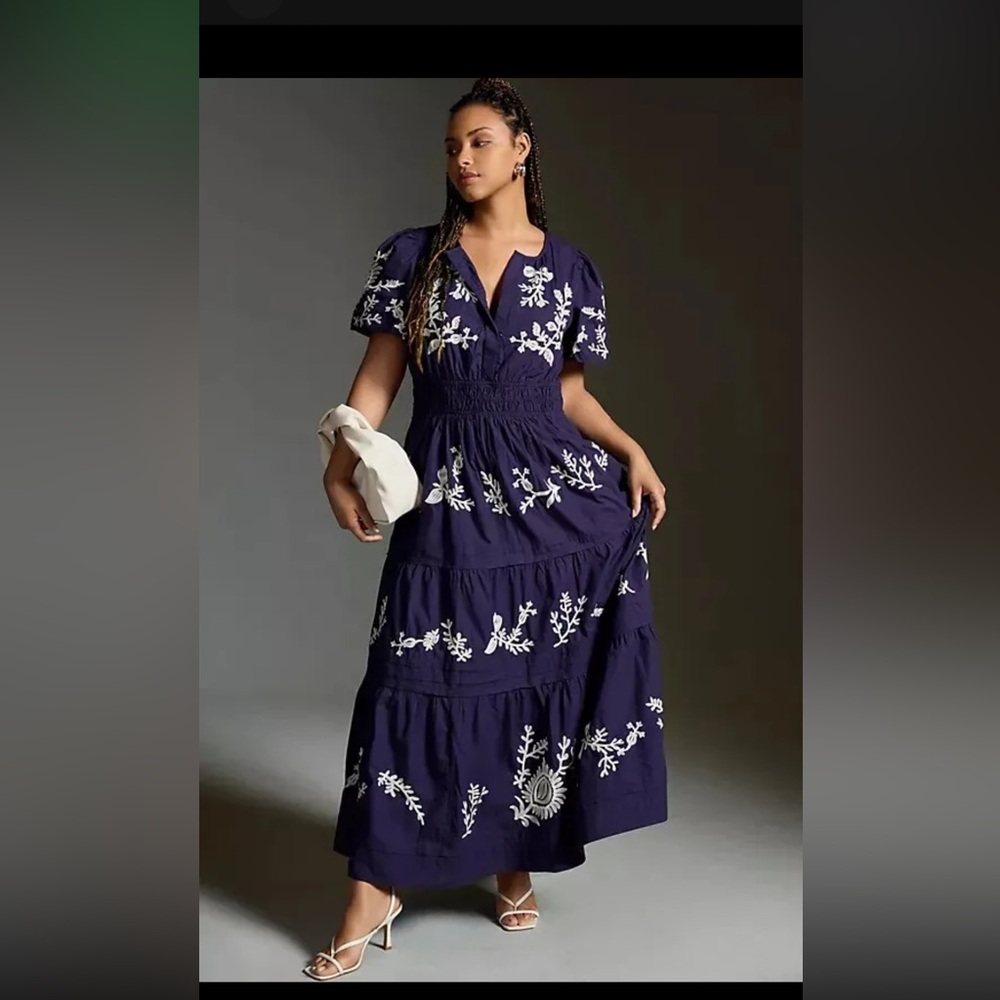 Anthropologie Navy Blue & White Embroidered Somerset Maxi Dress XS